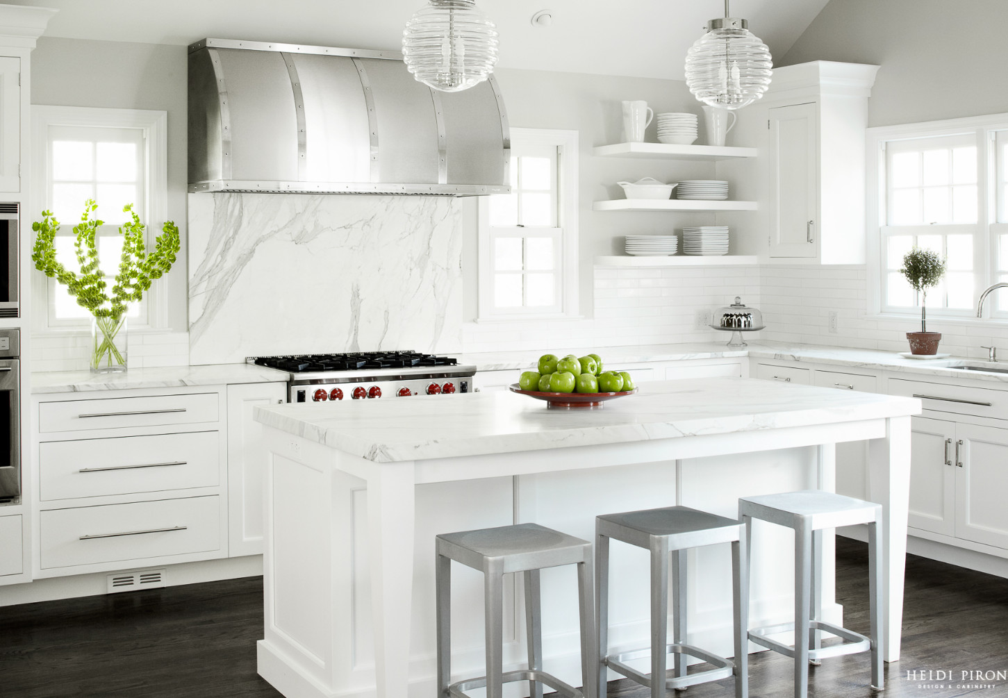Kitchen Hood. White Kitchen hood. The custom-made brushed and polished range hood is the focal point of this kitchen. #Kitchen #Hood #KitchenHood Heidi Piron Design & Cabinetry.