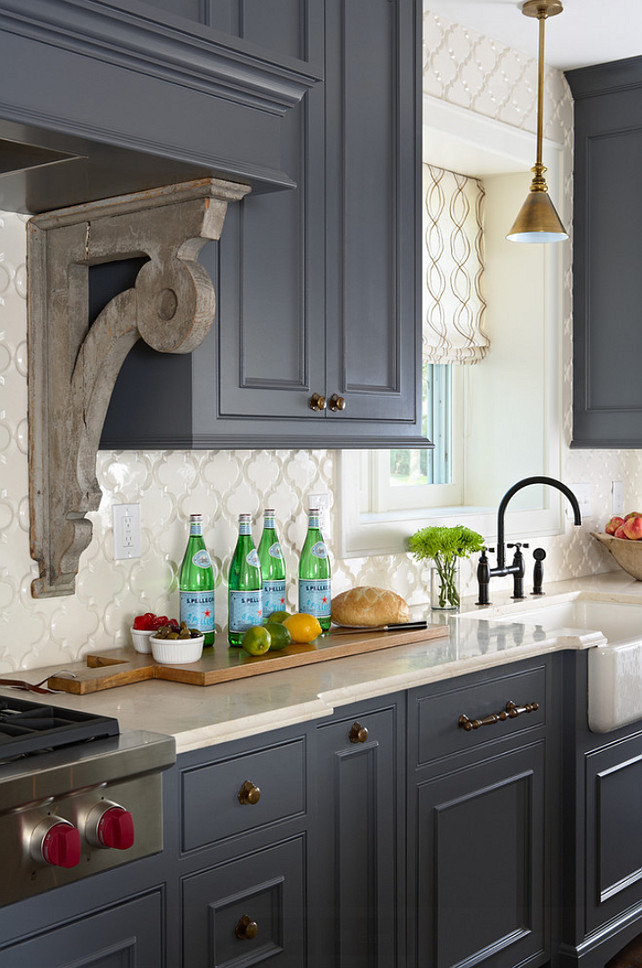 Kitchen Ideas. Kitchen Charcoal Cabinet Paint Color. Kitchen Antique Brass Hardware. Kitchen Arabesque Backsplash. Kitchen Crema Marfil Countertop. Kitchen Pendant Above Famrhouse Sink. Kitchen Hood Corbel. #Kitchen Designed by Sarah Nardi of Elsie Interior.