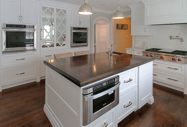 Kitchen Island with Microwave Drawer. White Kitchen. Island with Microwave. Island with Microwave Layout. #KitchenIsland #Microwave Redstart Construction