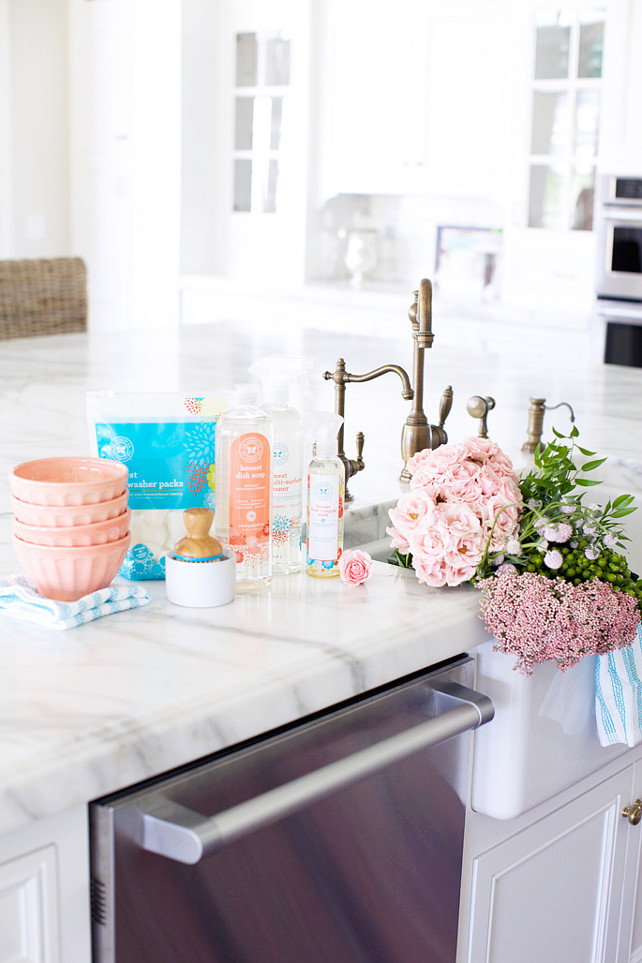 Kitchen Island with apron sink and faucet. Pink Peonies.