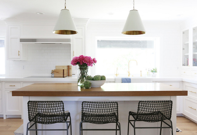Kitchen Lighting Pendants. kitchen featuring a pair of white and gold pendants, Oversized Cone Shade Pendants. Shea McGee Design.
