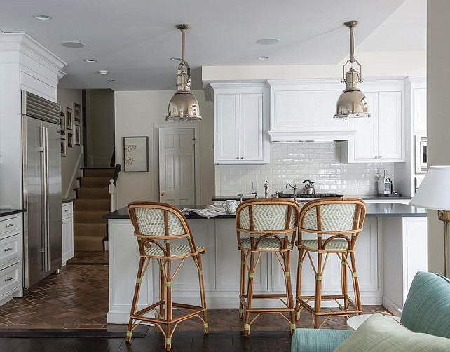Kitchen Lighting. Kitchen features a pair of Country Industrial Pendants with Metal Shades. Kitchen Lighting Pendants. #Kitchen #KitchenLighting #KitchenPendant Dungan Nequette Architects.