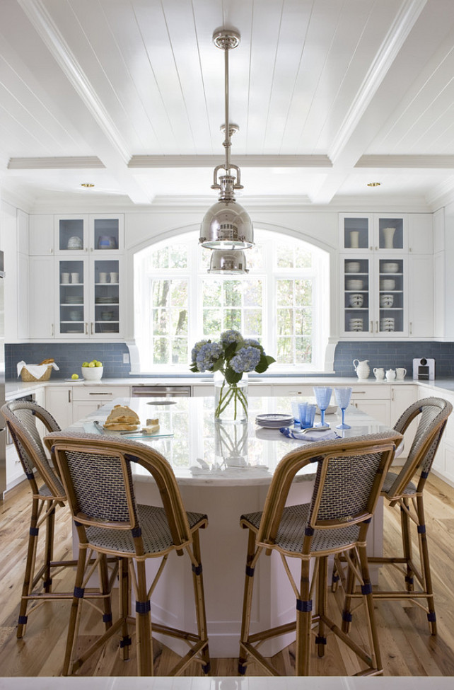 Kitchen Planning. Kitchen Sources. The kitchen floors are Antique American Hickory. Kitchen Backsplash is from Waterworks. Kitchen counterstools were imported from France. The kitchen size is approximately 17 by 18. Kitchen Layout. Kitchen Island. Kitchen Lighting. White Kitchen Paint Color. The interior of the glass front cabinets was done in Benjamin Moore Beacon Gray 2128-60. #Kitchen #KitchenPlaning #KitchenSources