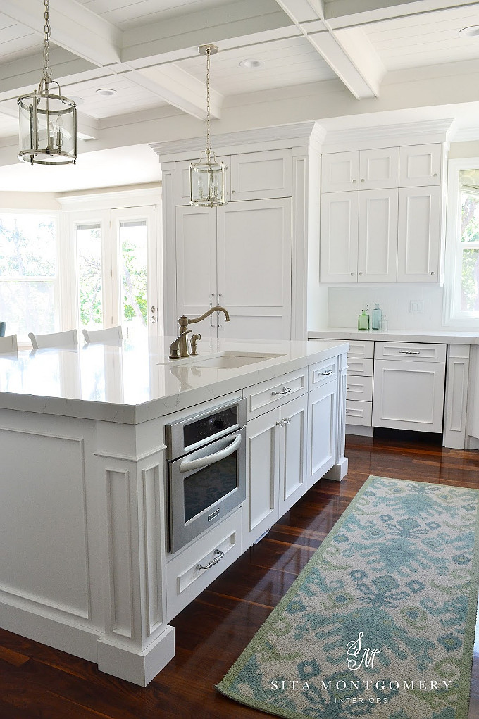 Kitchen Island with microwave oven by sink and dishwasher. #KItchen #KItchenIsland #Microwave #Sink #Dishwasher Kitchen Island Appliance Layout. Sita Montgomery Interiors.