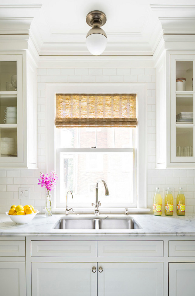 Kitchen Wall Tile Ideas. Kitchen with counter to ceiling subway tiles. The counter to ceiling tiles are 3 x 6 Sonoma Square Edge in Super White. Backsplash Up to Ceiling Ideas. Martha O'Hara Interiors.