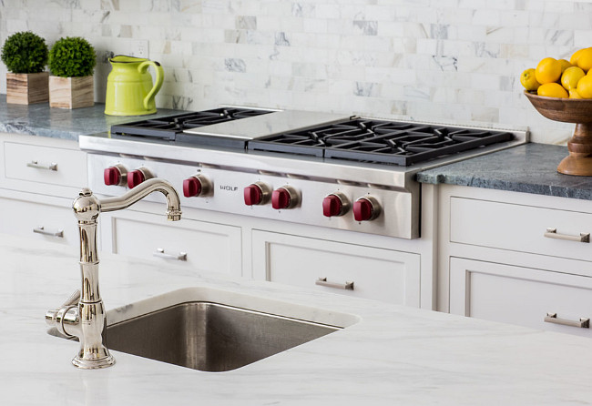 Kitchen prep sink with Rohl faucet. Classic kitchen prep sink with polished nickel faucet. #prepsink #kitchen #island #rohl #faucet #marble Connecticut Stone.