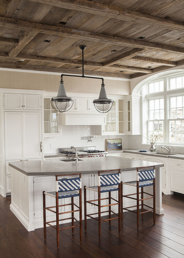 Kitchen. Reclaimed Wood Kitchen. White Kitchen with reclaimed Ceiling. Cottage with with reclaimed barn wood ceiling. #Kitchen #Barnwood #ReclaimedWood #ReclaimedWoodCeiling