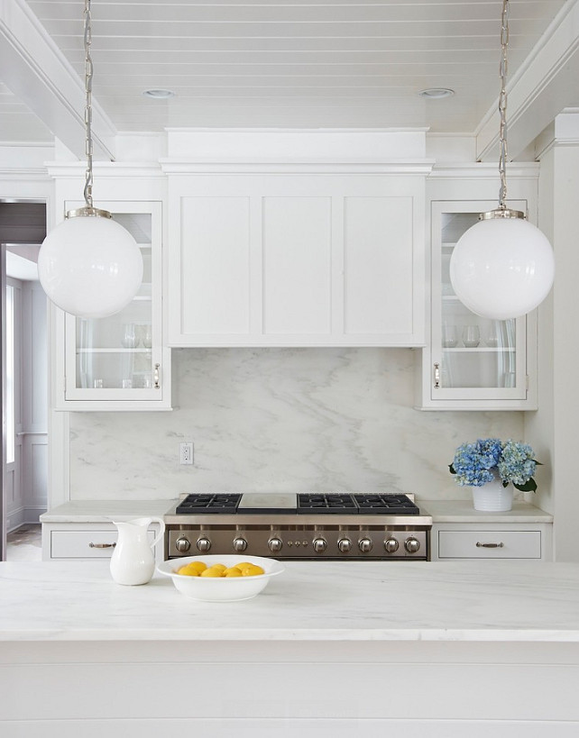 Kitchen. White Kitchen. Crisp White Kitchen with marble backsplash. #Kitchen #KitchenMarbleBacksplash Calla McNamara Interiors
