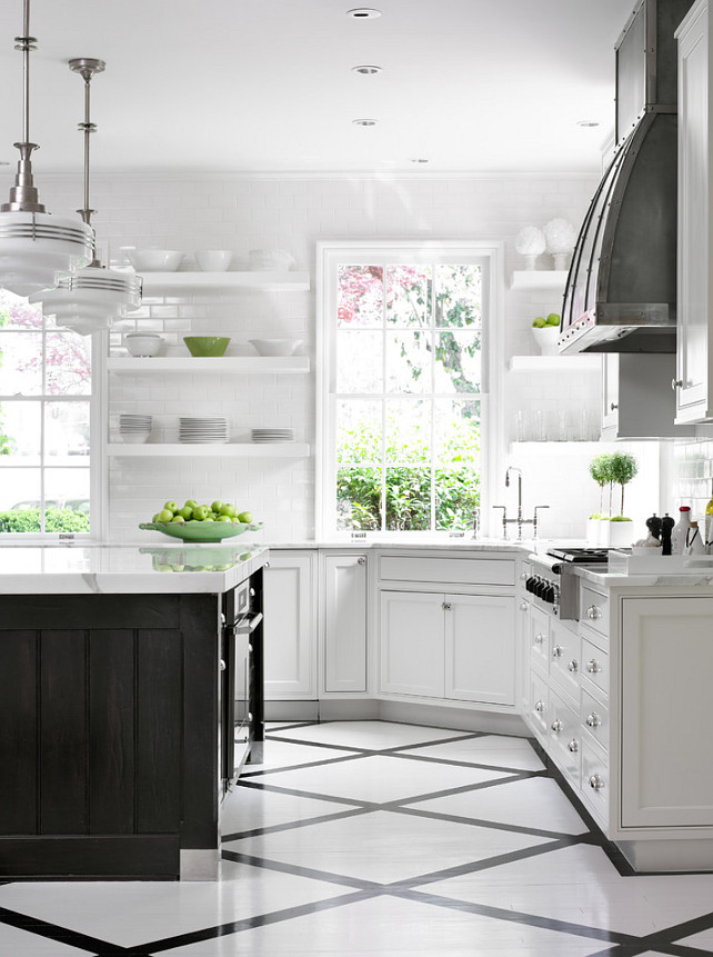 Kitchen. White kitchen with dark island. Kitchen Painted Floors. Kitchen Schoolhouse Pendants. Zinc Kitchen Hood. Kitchen Open Shelves. Kitchen Corner Sink. Beth Webb Interiors.