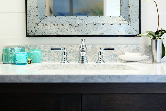 Kohler Bathroom Faucet and Cambria Quartz Countertop. The countertop is quartz- Montgomery by Cambria. Michele Skinner.