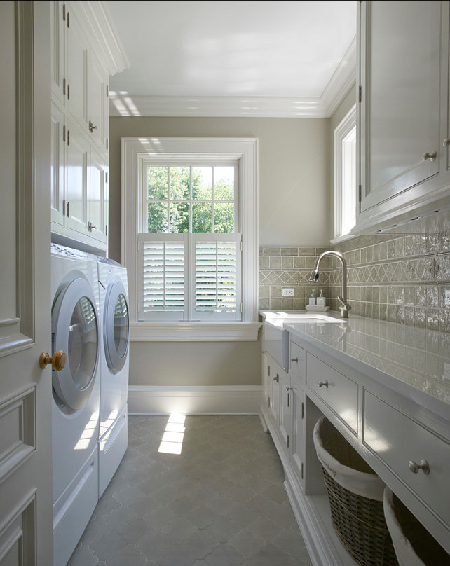 Laundry Room Design Ideas. The tile flooring in this laundry room is Fine Art Tileworks 4 x 4 with a 3 x 3 Fleur de Lys inset. The color is Celadon