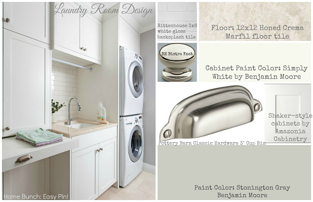Laundry Design Ideas. All that you need to design a Laundry Room. Cabinet Source, paint color, hardware, flooring, backsplash. #HomeBunchEasyPin #LaundryRoom #LaundryRoomDesign #LaundryRoomDecor