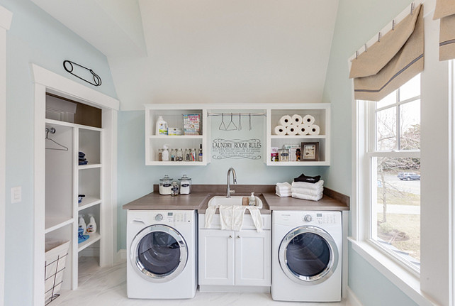 Laundry Room. Blue Aqua Laundry Room. Turquoise Laundry Room. The turquoise aqua laundry room paint color is Sherwin Williams SW 6477 Tidewater. #LaundryRoom #paintColor