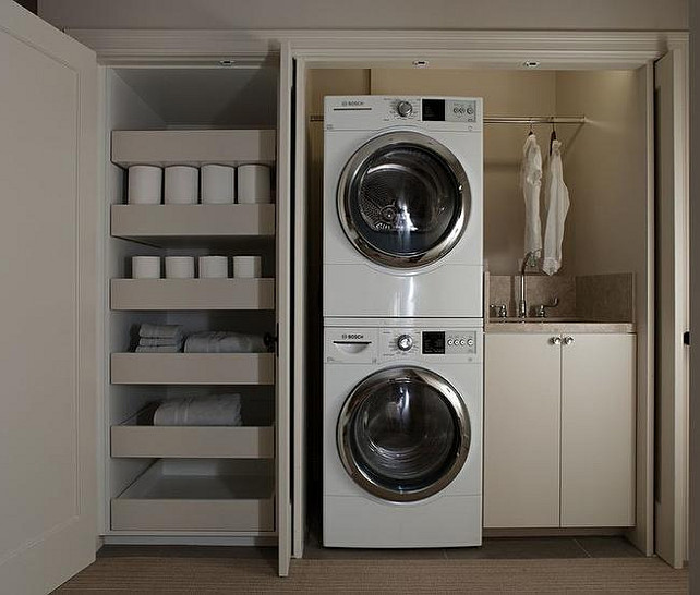 Laundry Room. Closet Laundry Room. Apartment Laundry Room. Upper Level Laundry Room. Small Closet Laundry Room with Sink. Closet Laundry Room with sink and shelves. #LaundryRoom K G Bell.
