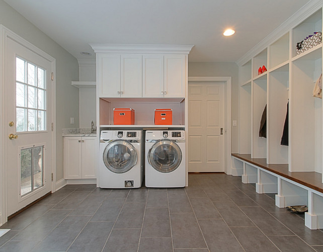 Laundry Room. Landry Room Mudroom Combination. Laundry room and mudroom combination with doggy door and built-in lockers. #LaundryRoom #Mudroom #LaundryRoomMudroomCombo Redstart Construction.