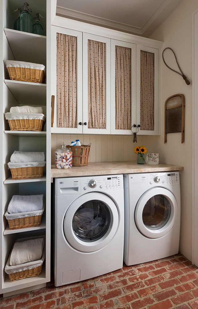Laundry Room. Laundry Room with chicken wire cabinets and shelves and baskets to provide storage space. #LaundryRoom