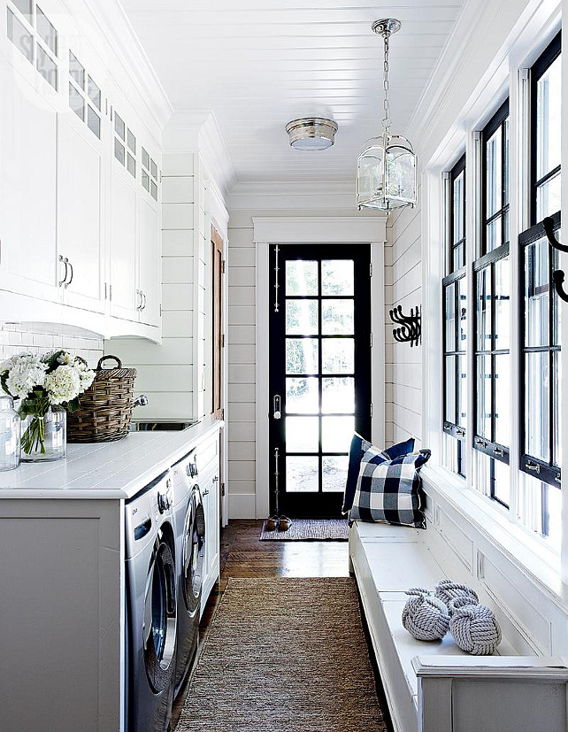 Laundry Room. Laundry Room with custom cabinets, bench and tongue-and-groove walls. #LaundryRoom #LaundryRoomCabinet #LaundryRoomDeisgn #LaundryRoomPlan #LaundryRoomLayout