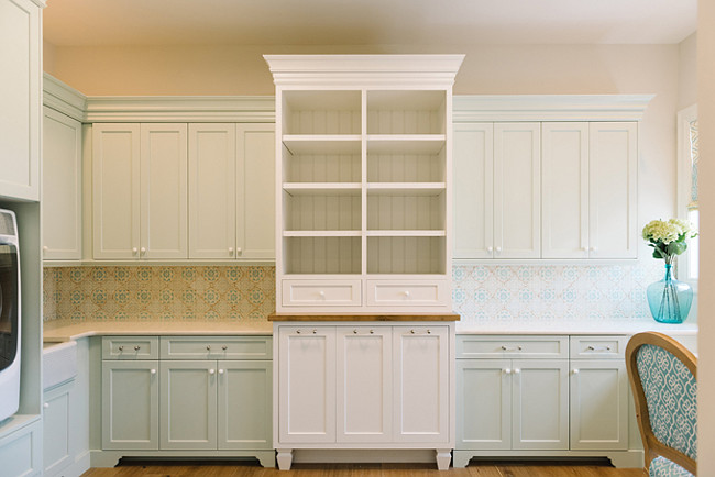 Laundry room cabinet paint color is Hollingsworth Green HC-141 Benjamin Moore and White Dove OC-17 Benjamin Moore. #LaundryRoom #Cabinet #paintColor Four Chairs Furniture.