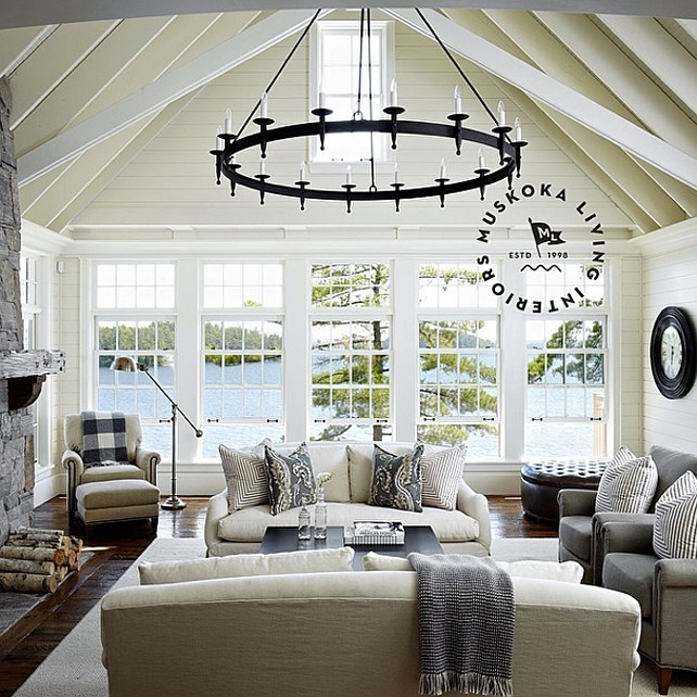 Liivng Room with Exposed Beams. Coastal Living Room with Exposed Beams and plank walls. #LivingRoom #Coastal #CoastalInteriors #CoastalLivingRoom Muskoka Living Interiors