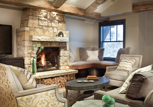 Limestone Fireplace. Rustic home with Limestone stone fireplace. Rustic living room with natural Limestone fireplace. #limestone #Fireplace Kristine Pivarnik Design, LLC.