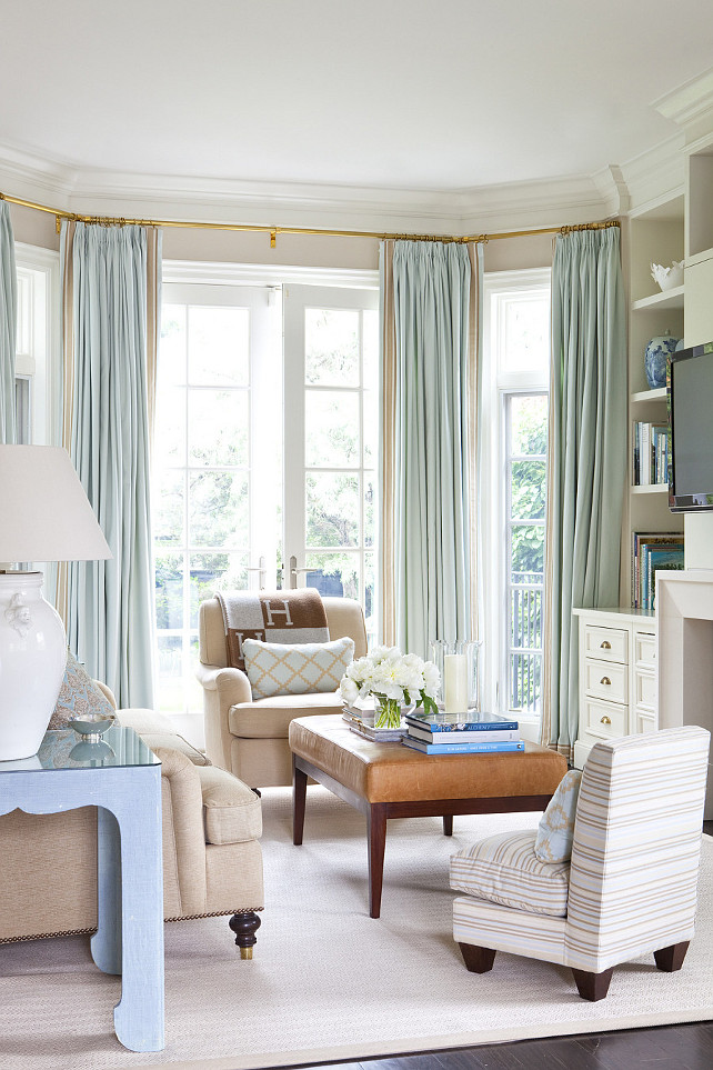 Living Room Draperies. Traditional living room with blue draperies and pale gray wall color. #LivingRoom #Draperies #TraditionalInteriors Anne Hepfer Designs.