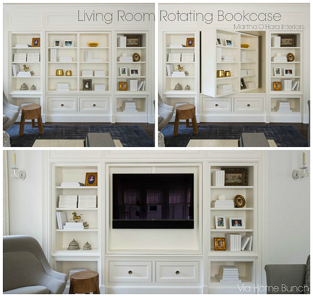 Living Room Rotating Bookcase. Living Room Rotating Bookcase exposes bookshelves in one side and the TV in the other. # LivingRoom #Rotating #Bookcase Martha O'Hara Interiors. Via HomeBunch