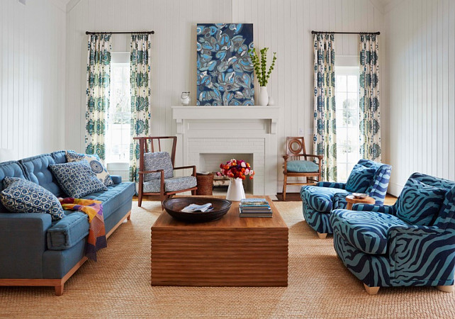 Living Room. Coastal Blue and White Living Room. The elm coffee table is surrounded with seating in all shades of blue in this living room. #livingRoom