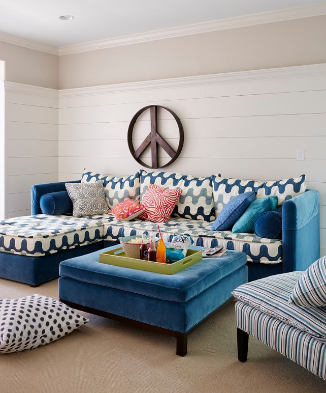 Living Room. Colorful Coastal Living Room. Fun coastal living room with plank walls. #LivingRoom #CoastalInteriors #ColorfulInteriors Andrew Howard Interior Design.