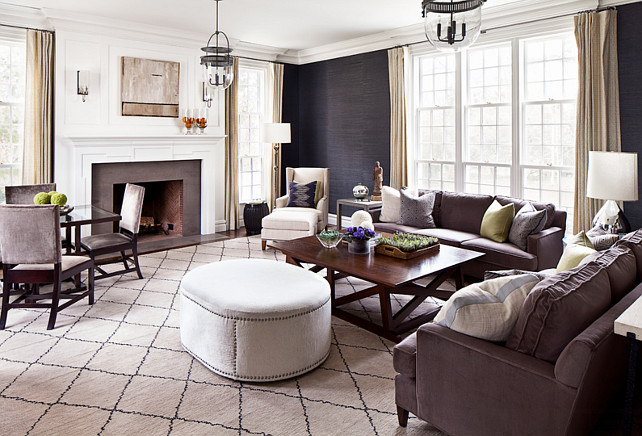 Living Room. Liivng Room with navy grasscloth wallpaper, wainscotting and fireplace. Living Room Lighting #LivingRoom Alisberg Parker Architects.