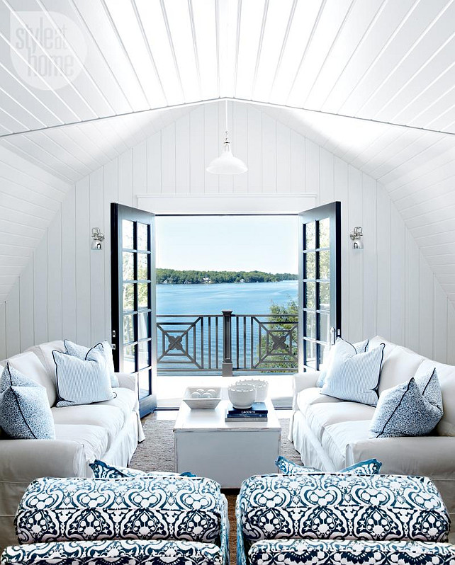 Living Room. Living Room Decorating Ideas. Blue and White Living Room. Living room with white slipcovered sofas and blue and white coastl decor. #LivingRoom #CoastalInteriors #LivingRoomDecor