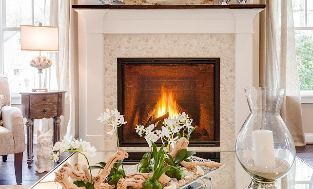 Living room fireplace with coastal decor. #Livingroom #Fireplace #Coastal