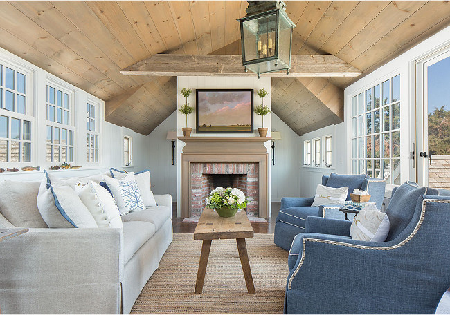Living room with whitewashed wood ceiling. Coastal Living room with whitewashed wood ceiling. Living room whitewashed ceiling. #LivingRoom #Whitewashed #Ceiling #Plank #wood Casabella Home Furnishings & Interiors.