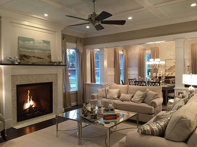 Living room. Cozy coastal living room with fireplace. Perfect coastal decor. #LivingRoom #CoastalDecor #Fireplace