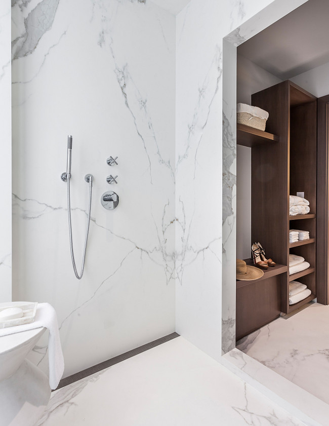 Marble slab shower. Bathroom with marble slab shower. Sofia Joelsson.