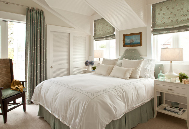 Master Bedroom. Bedroom. The master bedroom is softened by touches of pale green fabric adorned with random dots. Paint color is Farrow and Ball Blackened. #bedroom #MasterBedroom Anne Michaelsen Design.