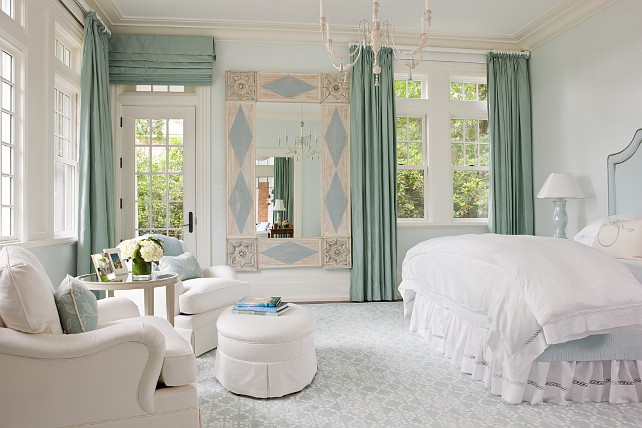 Master bedroom. Master bedroom with blue and turquoise accents. SLC Interiors.
