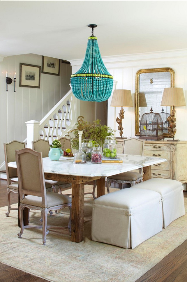 Dining Room Design. French Country Dining room. I am loving this dining room! Notice the table with marble top! #DiningRoom #FrenchInteriors #Interiors
