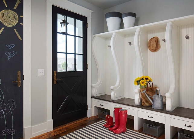 Mudroom Paint Color. Mudroom cabinet and wall paint color. Mudroom cabinet paint color is Benjamin Moore White Dove. Wall paint color is Benjamin Moore Gray Owl. #Mudroom #PaintColor Martha O'Hara Interiors.