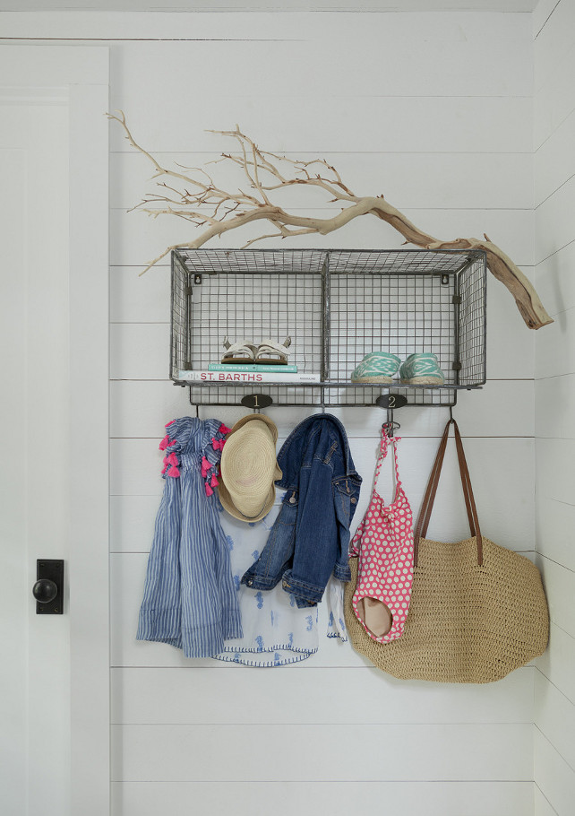 Mudroom storage. It's easy to add storage with these mudroom ideas. Storage was added to this mudroom in a very easy and affordable way. Love this simple idea. Wire Storage Rack: The Upper Rust. #Mudroom #Storage #MudroomIdeas Jenny Wolf Interiors