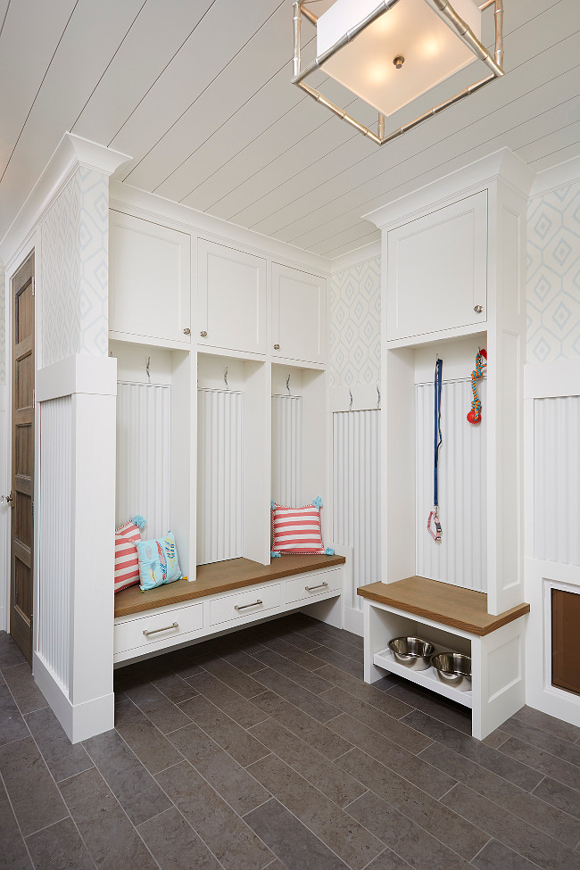 Mudroom with pull-out dog dishes. Mudroom Pet Ideas. #Mudroom #pets
