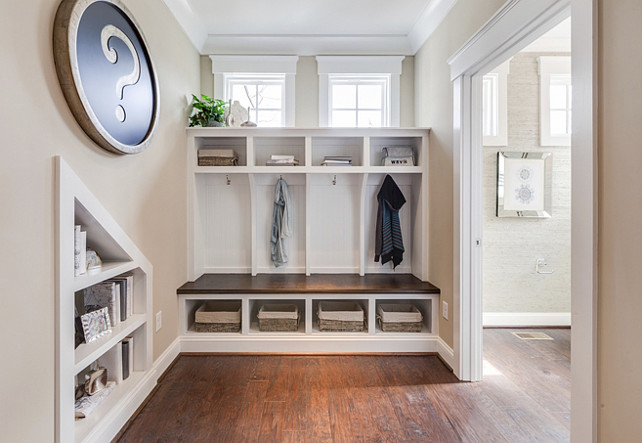 Mudroom. Mud Room. The spiffy mudroom, located just behind the staircase, features four built-in cubbies whose bench seating and dividers possess a distinctive and intentional church pew aesthetic. #Mudroom