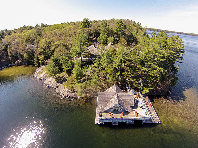 Muskoka Lake Cottage with Boathouse Arial View. #Muskoka #MuskokaCottage #MuskokaLakeCottage #Boathouse Via Muskoka Cottages for Sale.