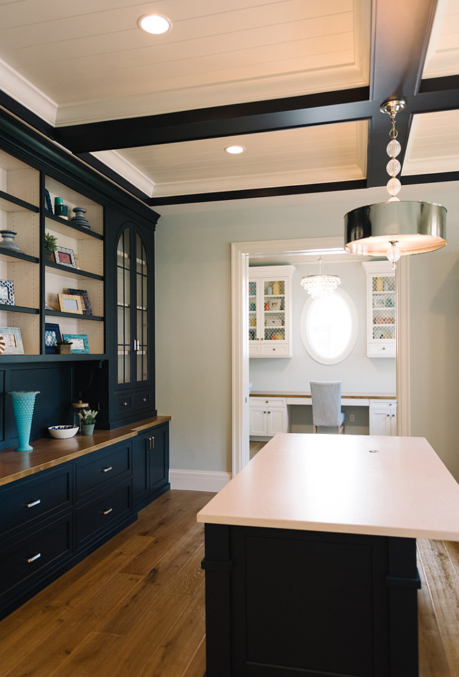 Navy Cabinet. Navy Cabinet Paint Color. Navy Cabinet Ideas. Navy Cabinet. Dark Navy Cabinet Paint Color. Cabinet and Box Beam Paint Color: Van Deusen Blue by Benjamin Moore White Ceiling Paint Color: Benjamin Moore White Dove OC-17 Navy Blue Cabinet #Navy #CabinetFour Chairs Furniture.