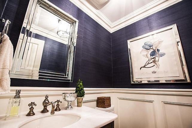 Navy Grasscoth Wallpaper. Chic and classic navy and white powder room with navy blue grasscloth wallpaper. #NavyGrasscoth #Wallpaper. Jennifer Baines Interiors.