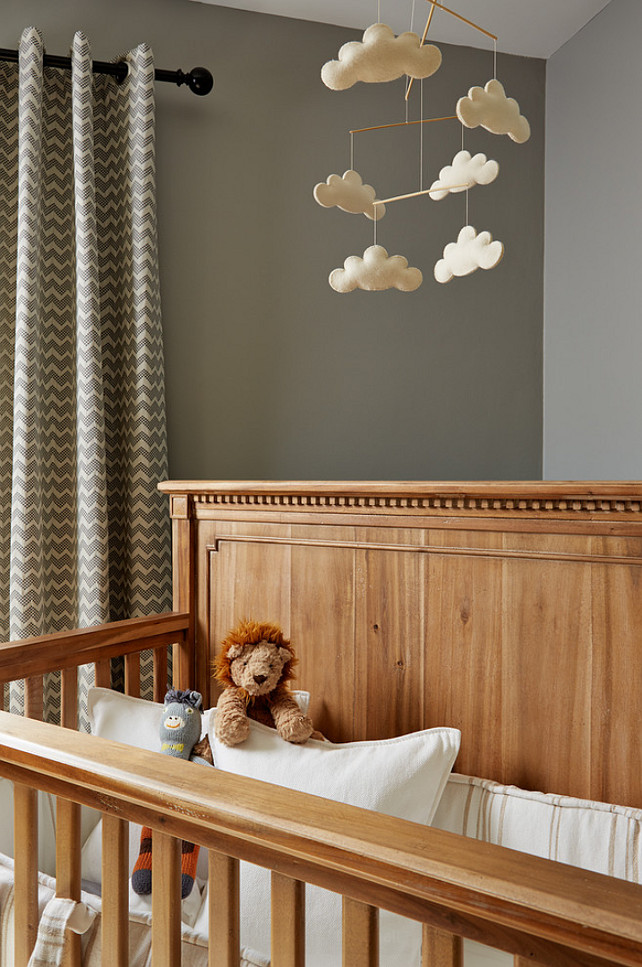 Nursery. Nursery crib is from Restoration Hardware. Nursery Mobile is from Restoration Hardware Baby & Child. Nursery drapery panels are Reilly Curtains the from Crate & Barrel. Elsie Interior.