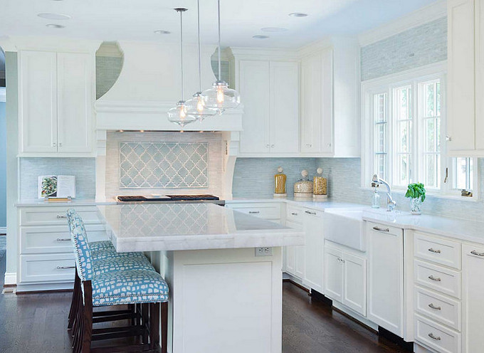 Off-white kitchen with turquoise accents. Profile Cabinet.