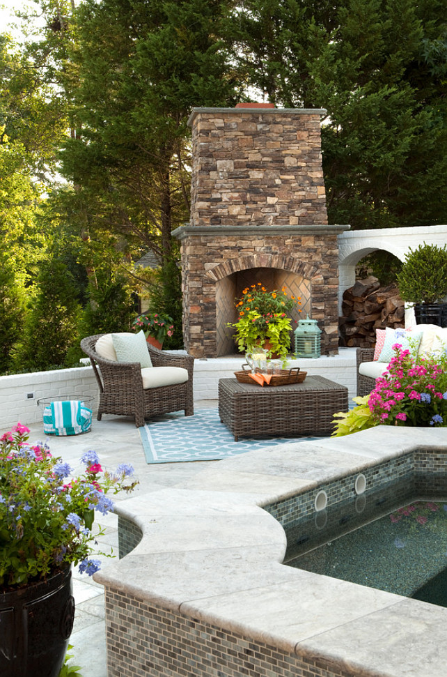 Outdoor Fireplace. Backyard with Outdoor Fireplace. Patio with outdoor fireplace and hot tub. #Backyard #Fireplace #outdoorFireplace #HotTub Tongue & Groove Custom Builders.