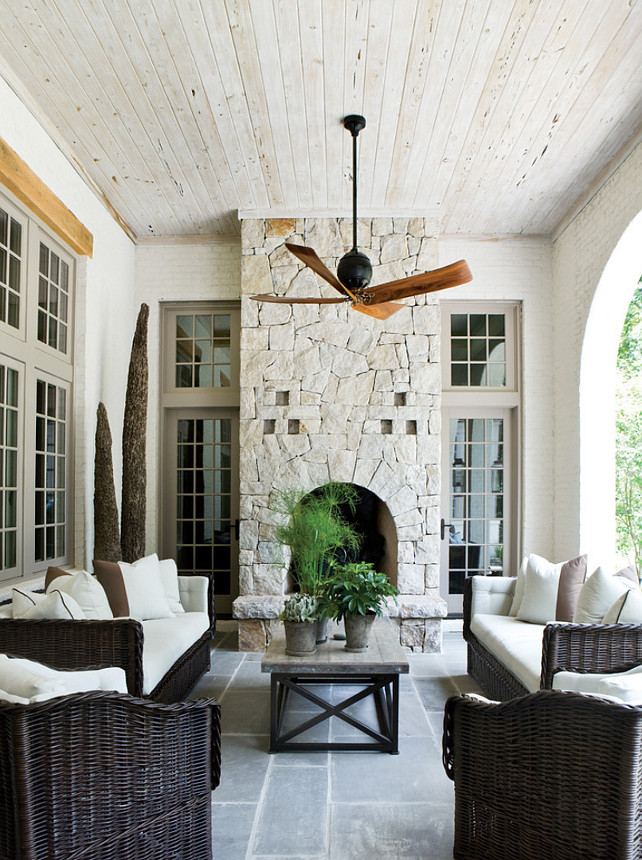 Outdoor Room with Fireplace. Outdoor Fireplace. Back Porch. The ceiling wood in this porch is pecky cypress finished with Limewash and consolidated with Roma velatura. Beth Webb Interiors.