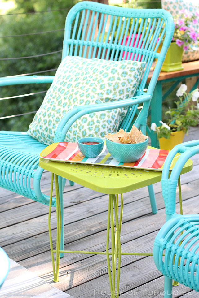 Outdoor decorating ideas. Decorate your patio with bright colors such as turquoise and lime. #OutdoorDecoratingIdeas #Turquoise #Lime #ColorfulOutdoorFurniture House of Turquoise.