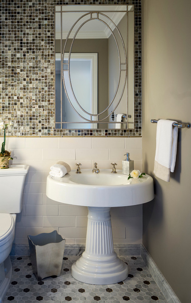 Pedestal Sink. Bathroom Pedestal Sink Ideas. Pedestal sink with fluted base. Glass mosaic accent wall. Custom hexagon flooring in Cararra and Lagos Azul stones. #PedestalSink #Bathroom Brownhouse Design.